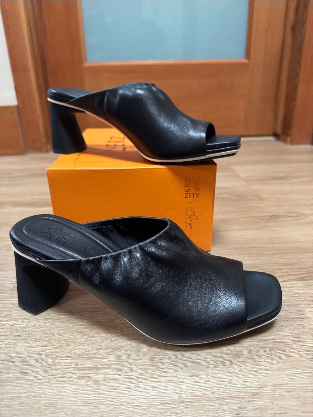Naturalizer Gamechanger Black Leather Open-Toe Mule Heels